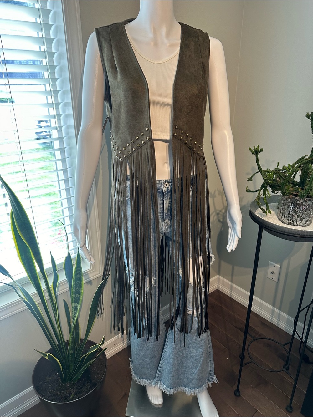 Fringed Boho Suede Vest in Olive Green